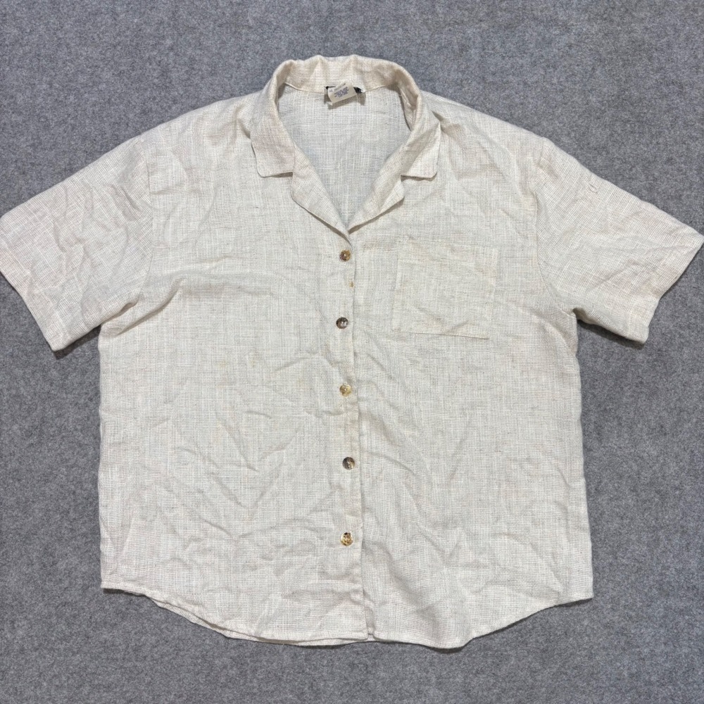 Vintage Teddi Mens Cream Linen Blend Short Sleeve Button Down Shirt Large